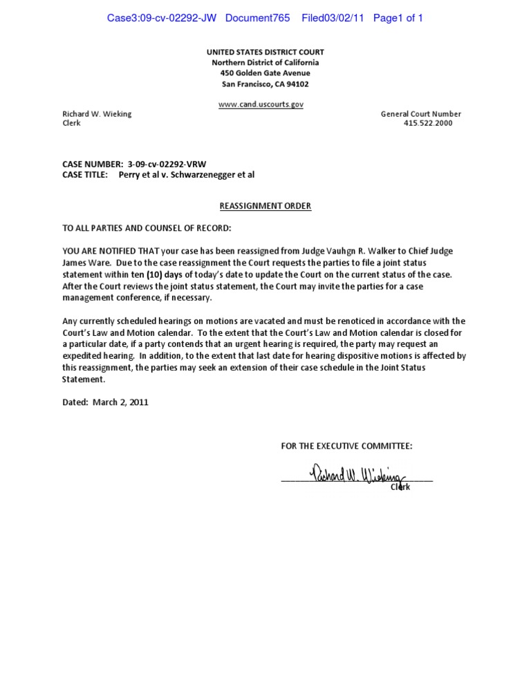 Case Reassignment Order: Perry v. Schwarzenegger | PDF