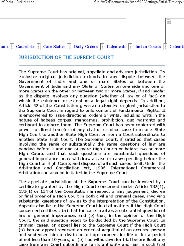 Supreme Court of India Jurisdiction Supreme Courts Original