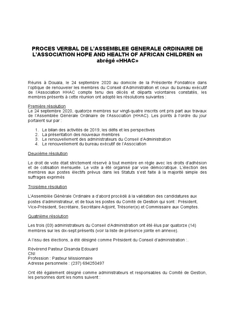 Renouvellement du Bureau de l'HHAC | PDF | Conseil d'administration | Vote