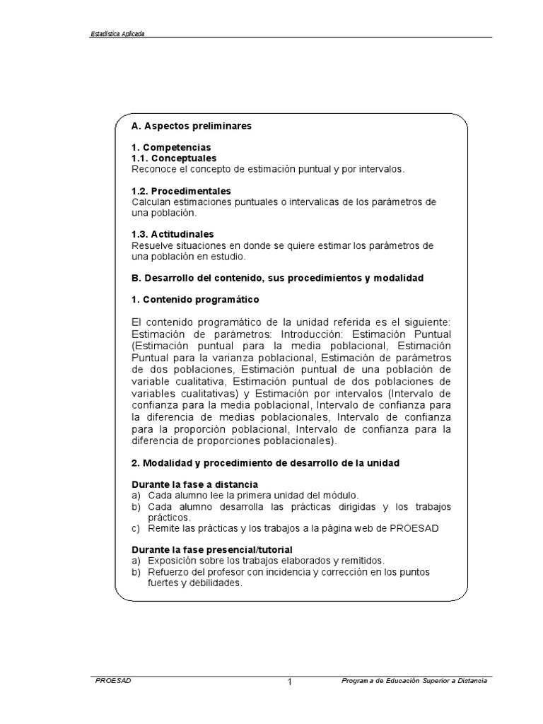 Estadística Aplicada a Distancia | PDF | Teoría de la estimación | Errores  tipo I y tipo Ii