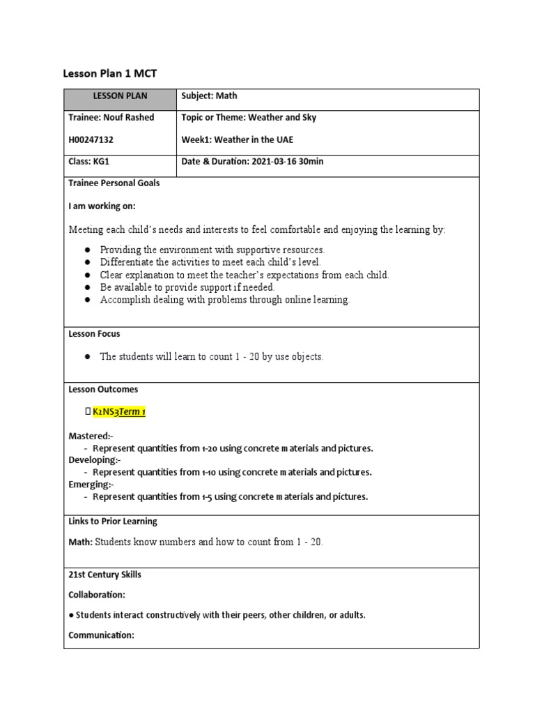 Counting 1-20: KG1 Math Lesson Plan | PDF | Lesson Plan | Educational ...