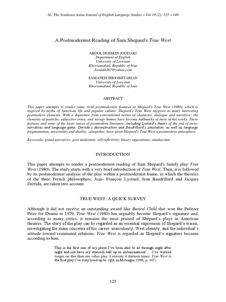 A Postmodernist Reading of Sam Shepard's True West PDF