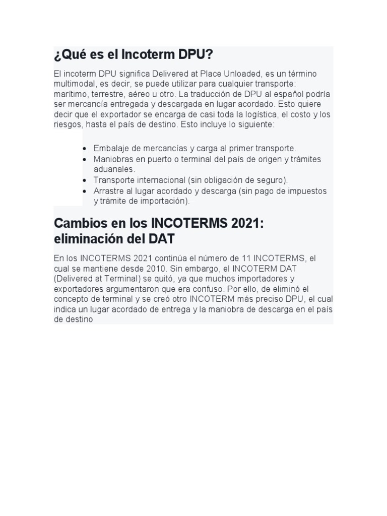 ¿Qué Es El Incoterm DPU? | PDF