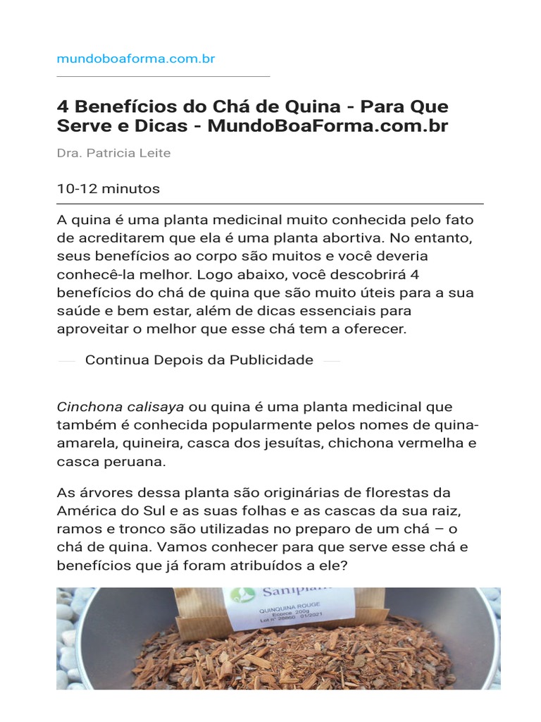 4 Benefícios Do Chá de Quina - para Que Serve e Dicas | PDF | Diabetes ...