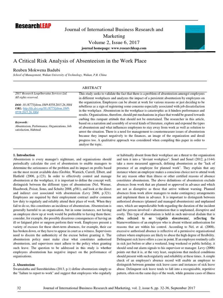 Risk Analysis of Workplace Absenteeism | PDF | Occupational Burnout ...