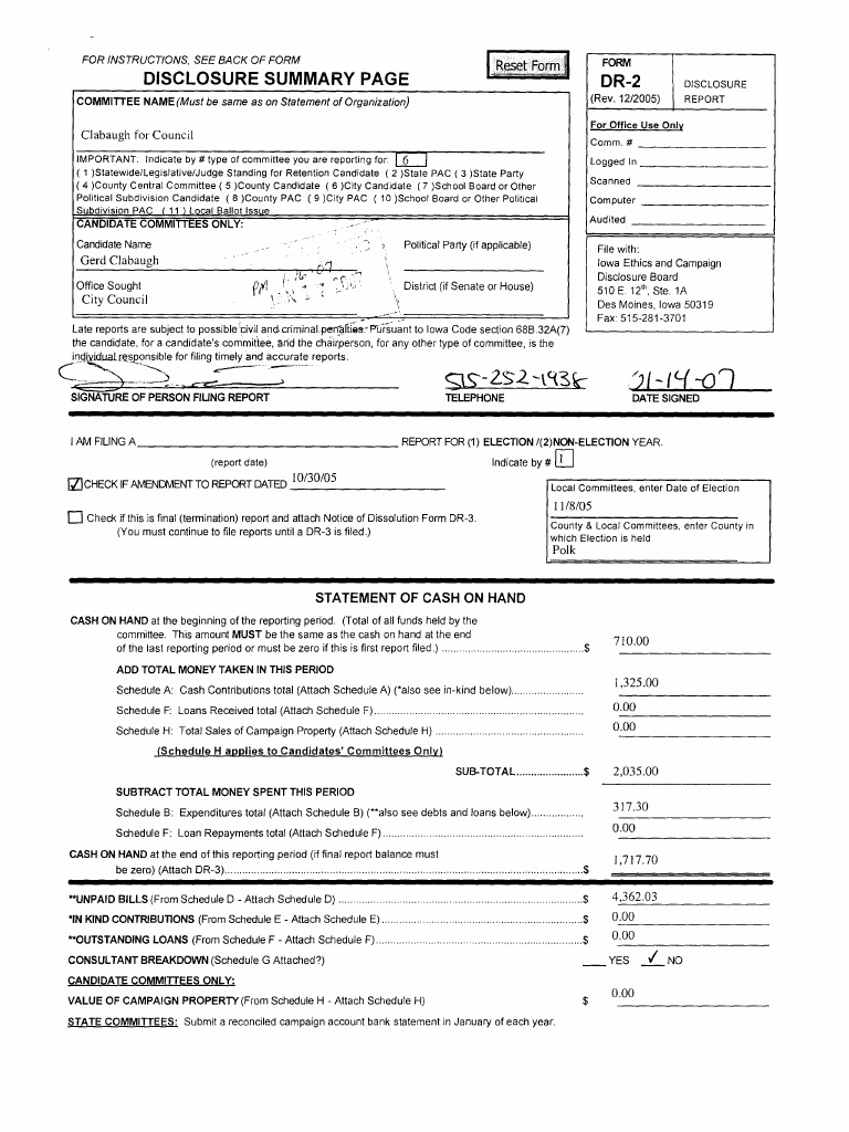 Disclosure Summary Page DR-2: For Instructions, See Back of Form | PDF