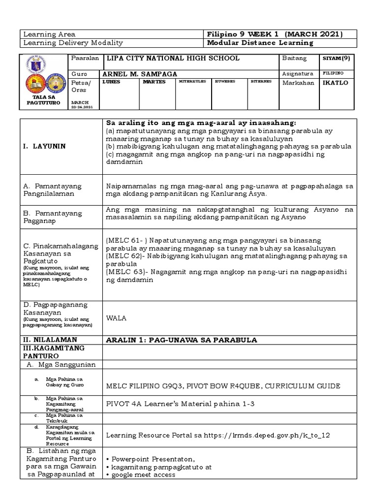 3rd QUARTER LE FILIPINO 9 WEEK 1 | PDF