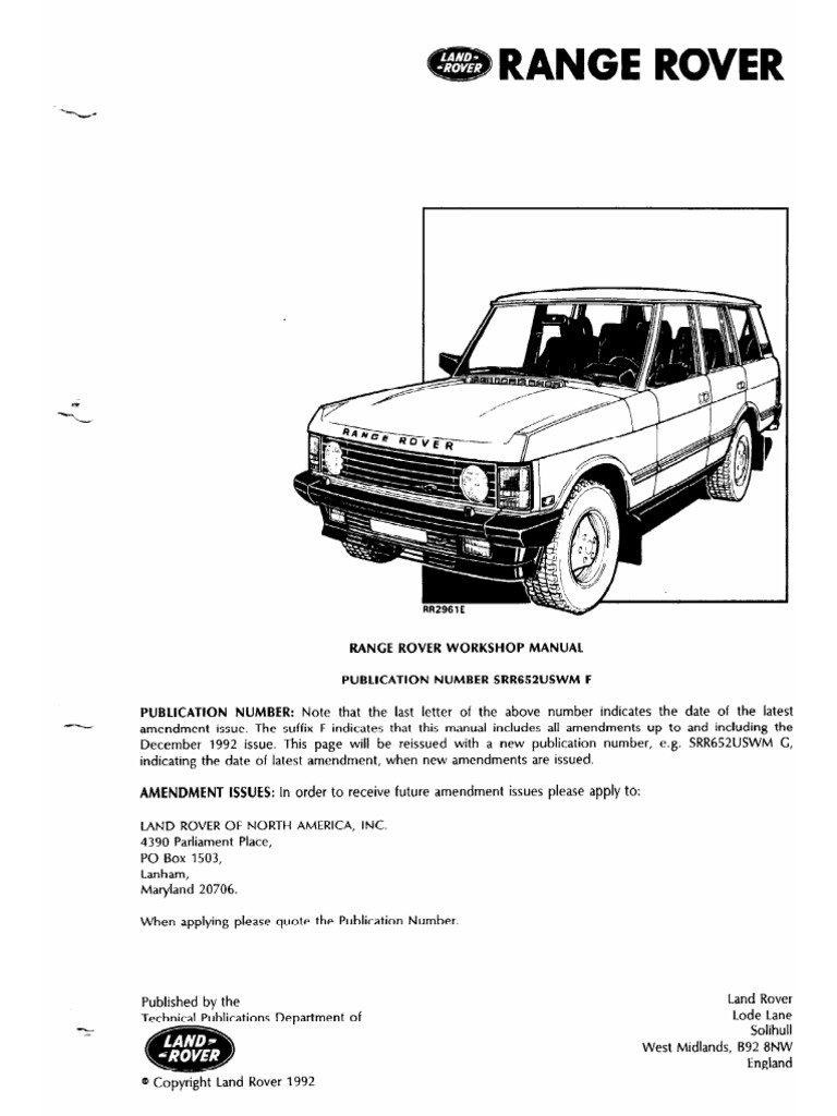 Range Rover Classic 1987-1993 Workshop Manual (SRR652USWM F) | PDF