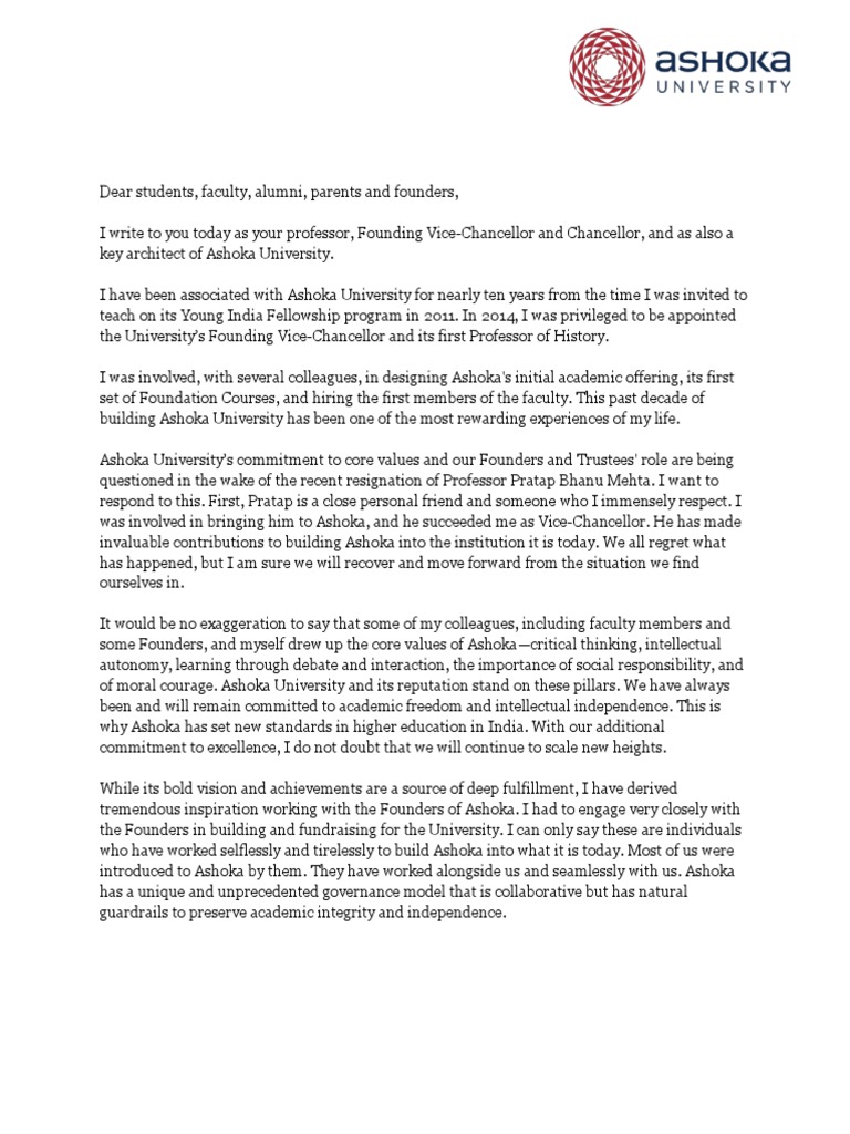 Letter From The Chancellor, Professor Rudrangshu Mukherjee | PDF ...