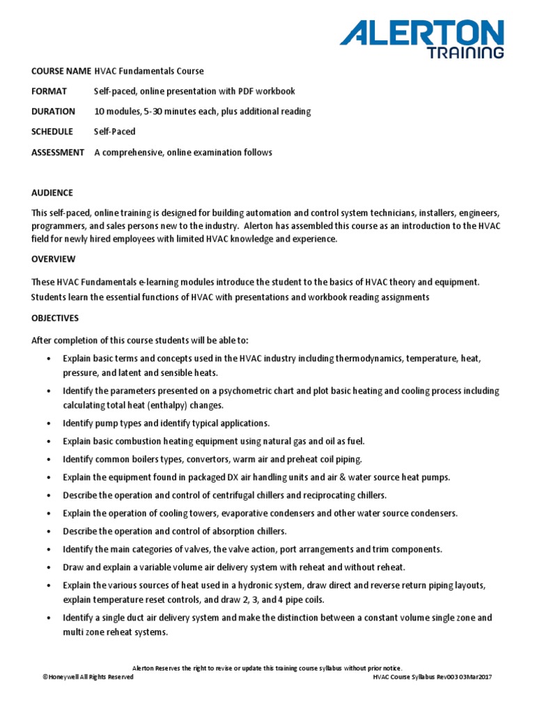 COURSE NAME HVAC Fundamentals Course Format Duration Schedule