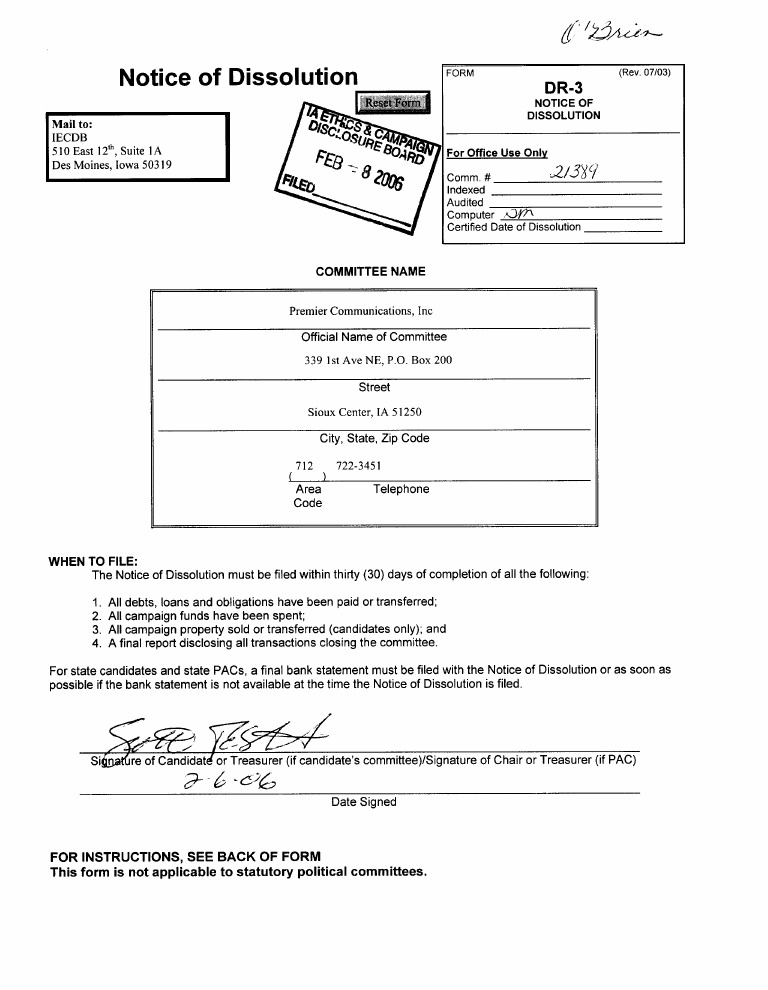 Iowa Notice of Dissolution Form | PDF | Political Action Committee ...