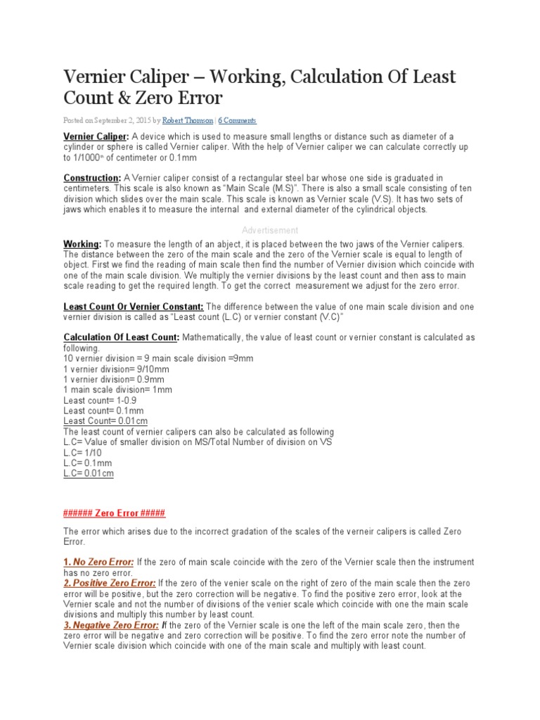 Vernier Caliper Working, Calculation of Least Count & Zero Error PDF