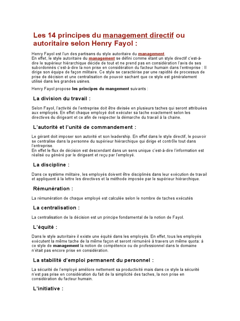 Principes du management directif de Fayol | PDF | Économie | Business