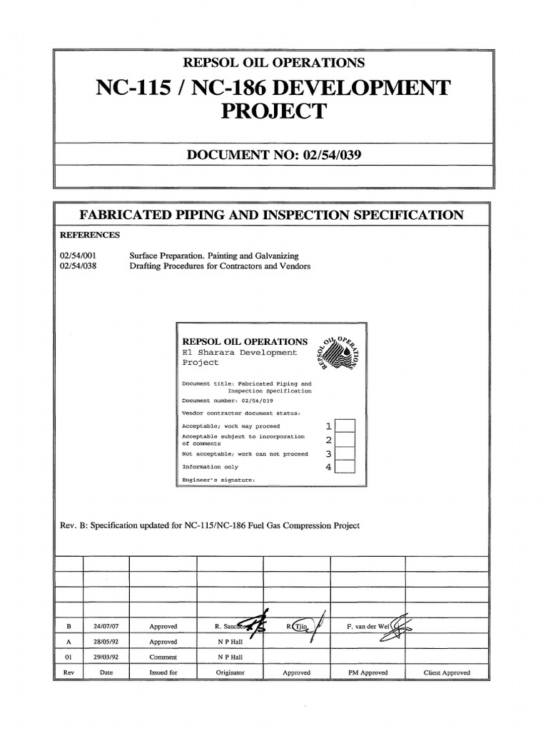 Fabricated Piping Inspection Specification Updates Requirements for NC115/NC186 Fuel Gas