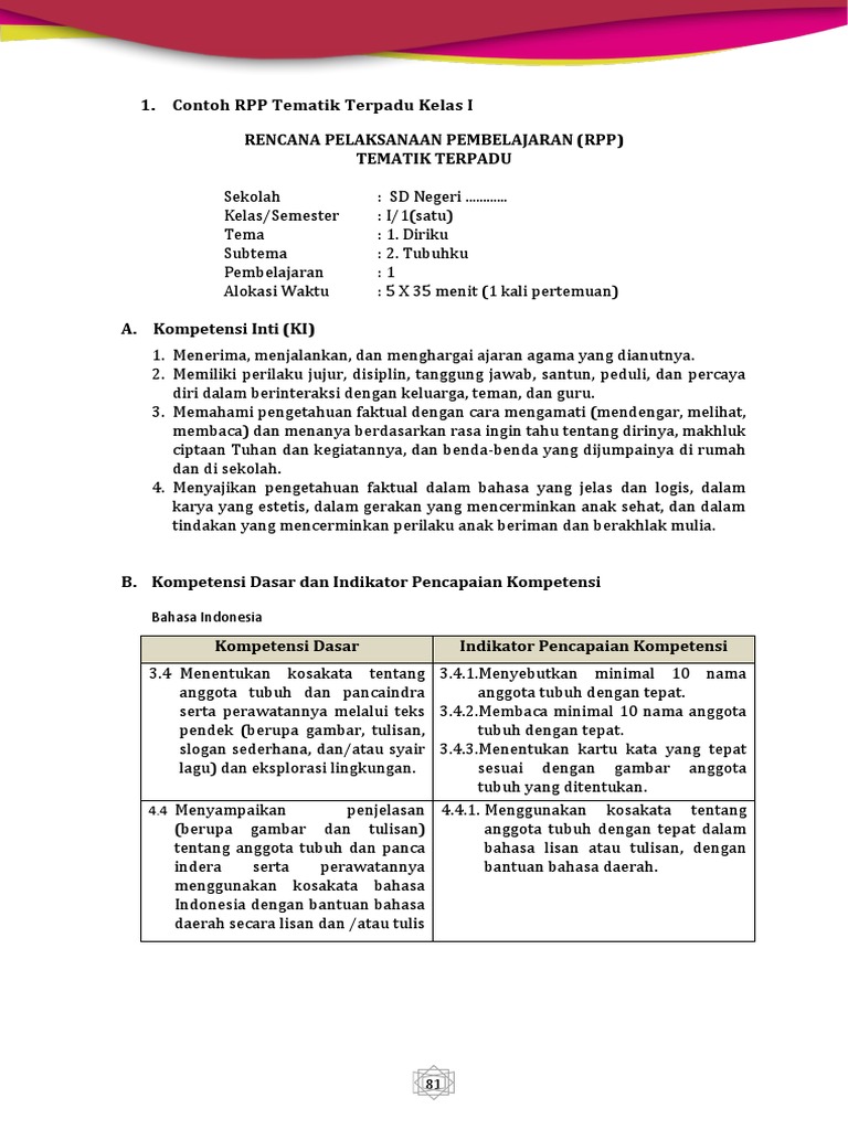 Contoh RPP Tematik Kelas I SD | PDF
