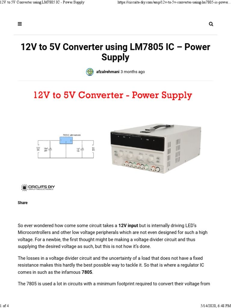 Simple 5V Power Supply Circuit Using LM7805 Regulator IC