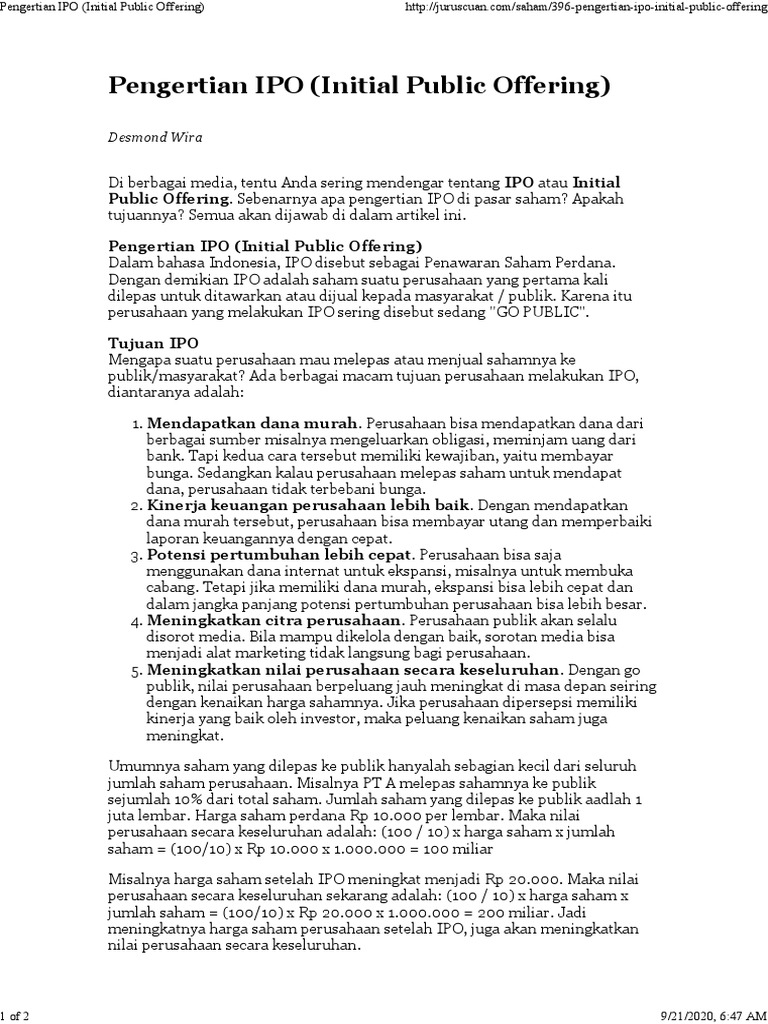 Pengertian IPO (Initial Public Offering) | PDF | Karier & Perkembangan ...