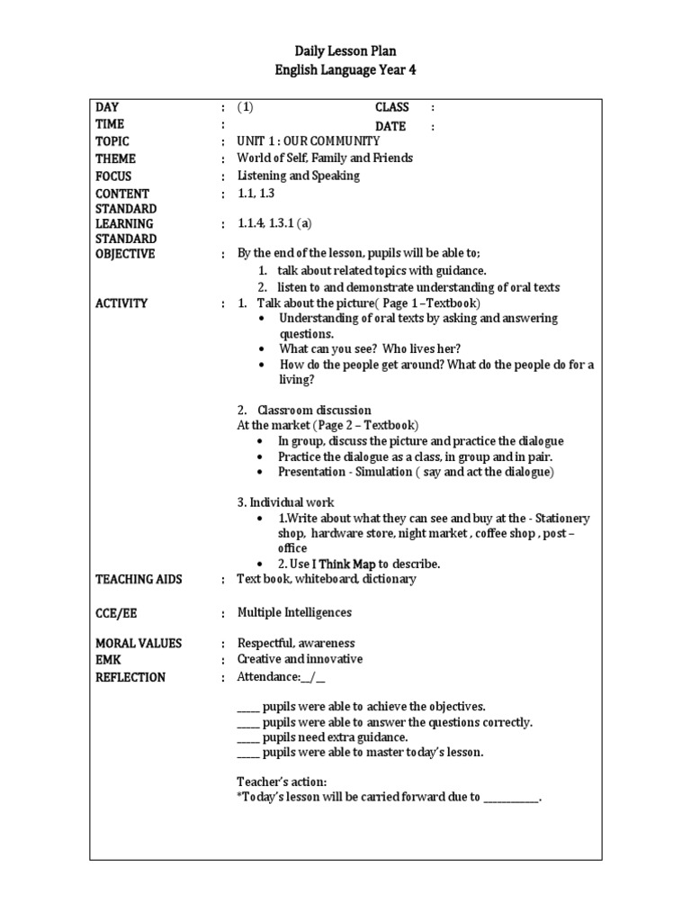 Daily Lesson Plan English Language Year 4 | PDF | Lesson Plan | Reading ...