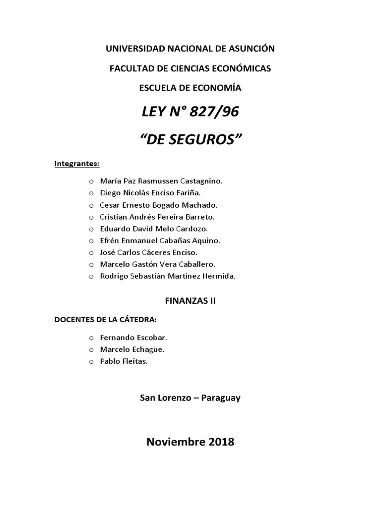 Ley 827/96 de Seguros en Paraguay | PDF | Póliza de seguros | Reaseguro