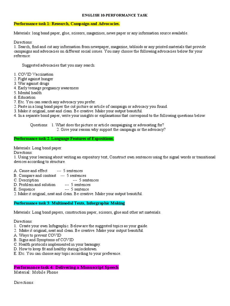 Grade 10 English Performance Tasks Guide | PDF