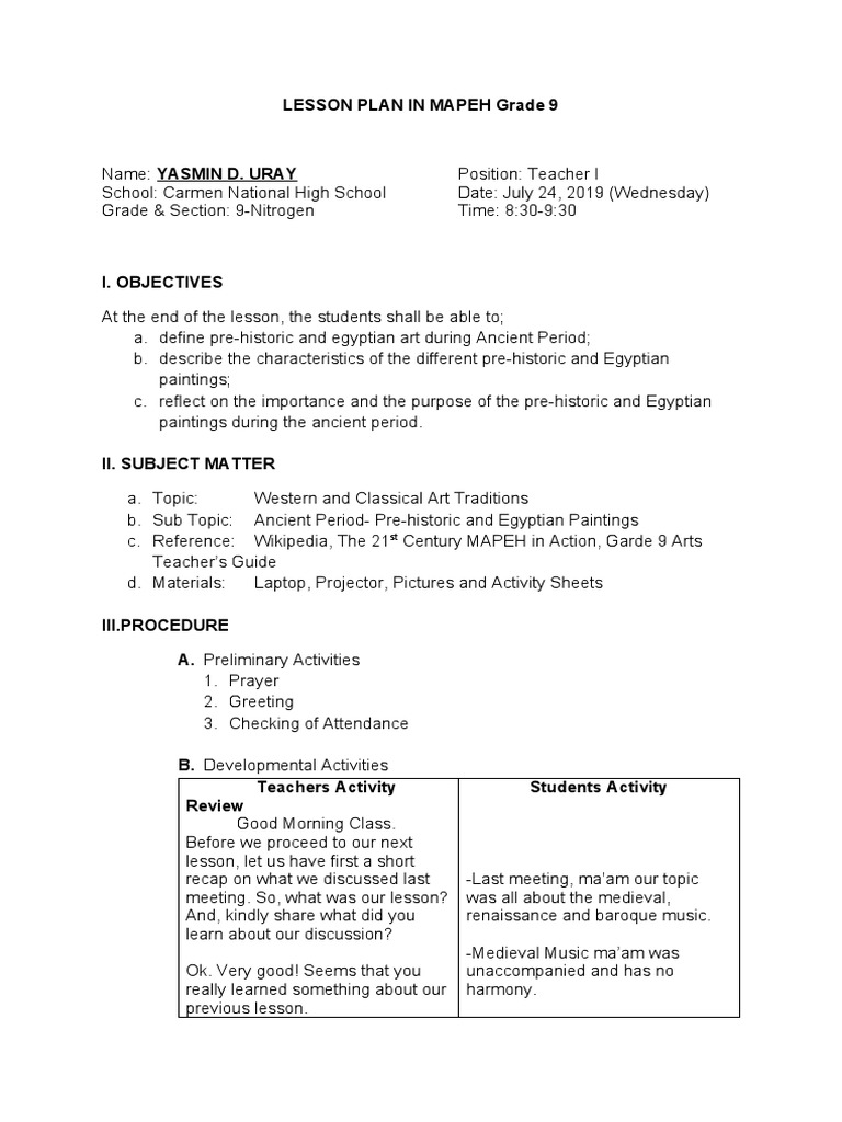 Lesson Plan in Mapeh Grade 9 | PDF | Ancient Egypt | Paintings