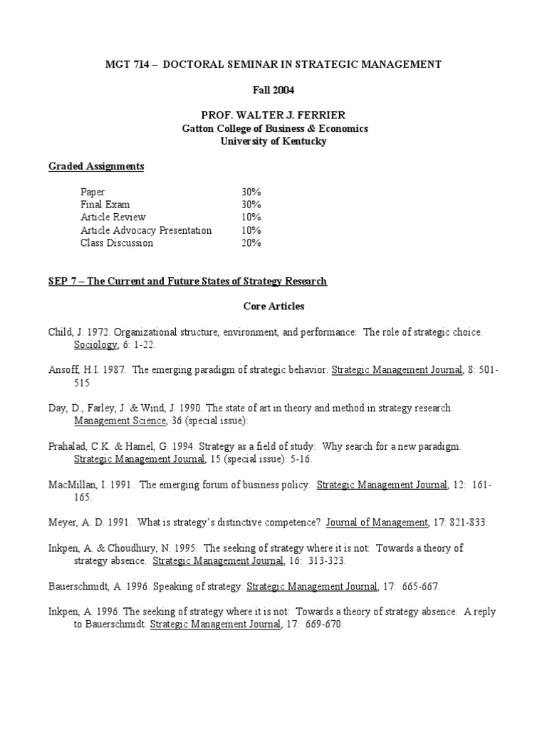 MGT 714 Ferrier Strategy Seminar Fall 2004 | PDF | Strategic Management ...