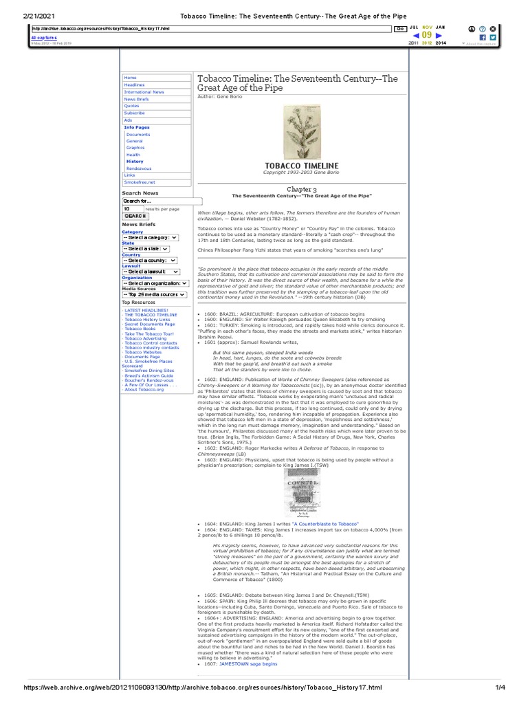 Tobacco Timeline - The Seventeenth Century - The Great Age of The Pipe |  PDF | Tobacco Smoking