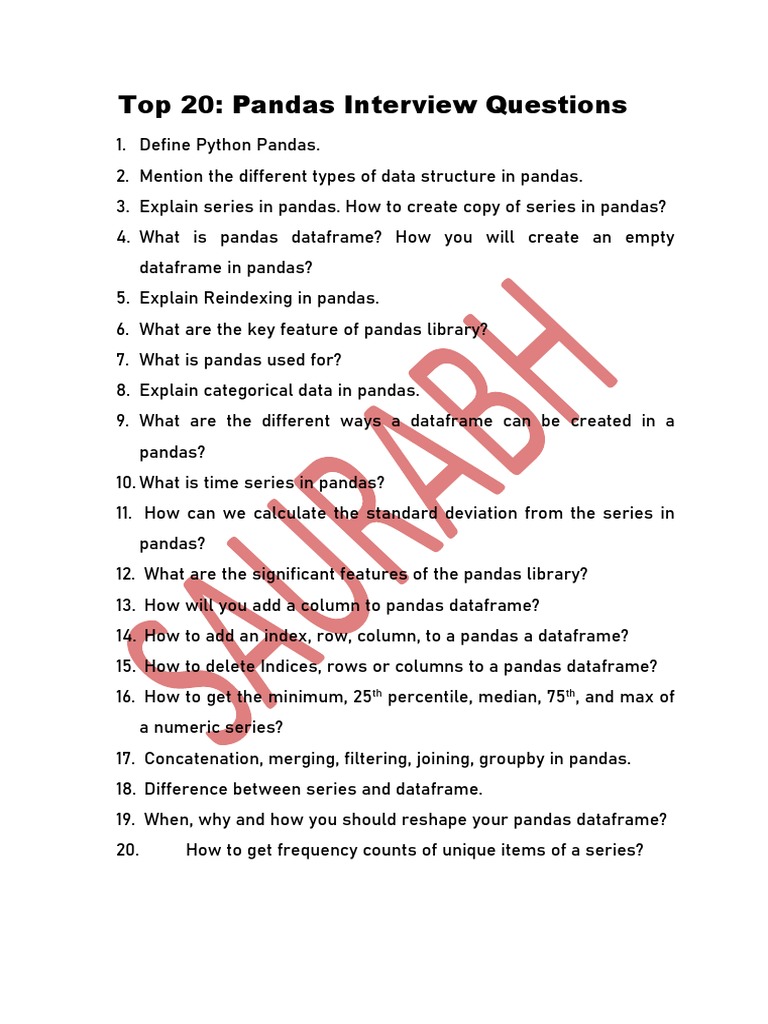 Top 20: Pandas Interview Questions: TH TH | PDF