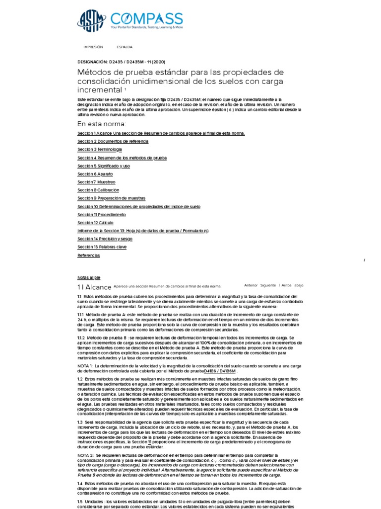ASTM D2435 Consolidación ES | PDF | Suelo | Agua