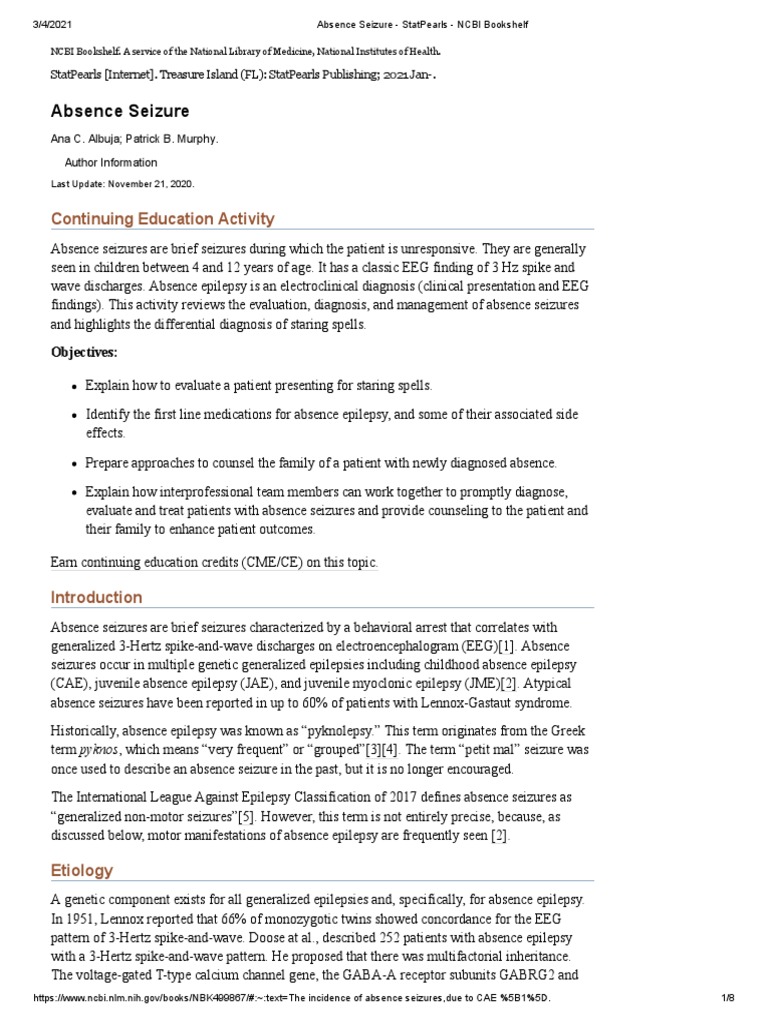Absence Seizure StatPearls NCBI Bookshelf PDF Epilepsy