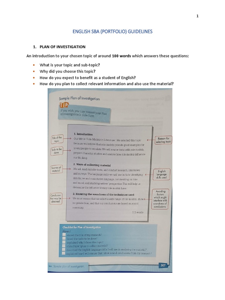 English Sba (Portfolio) Guidelines 1. Plan of Investigation PDF