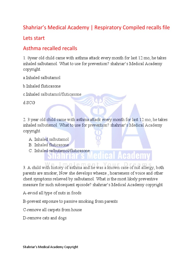 Respiratory Recalls Printable Version SMA | PDF | Pneumonia | Asthma