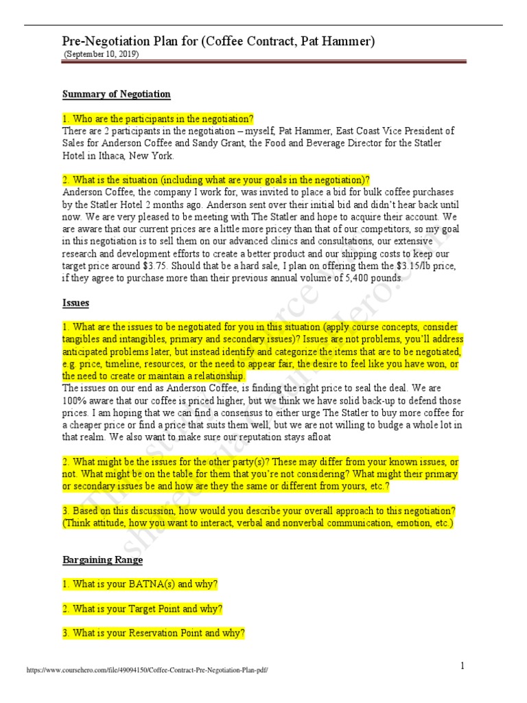 This Study Resource Was PreNegotiation Plan For (Coffee Contract, Pat