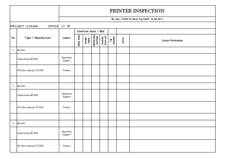 Printer Inspection: Project / Lokasi: Office - Lt. 15 | PDF