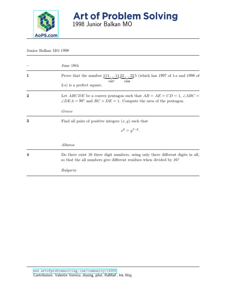 1998 Junior Balkan Math Olympiad Problems | PDF