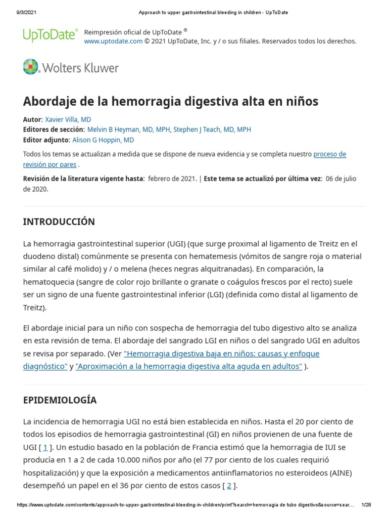 Approach To Upper Gastrointestinal Bleeding in Children - UpToDate ...