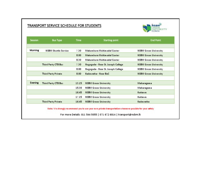 NSBM Green University Transport Schedule | PDF