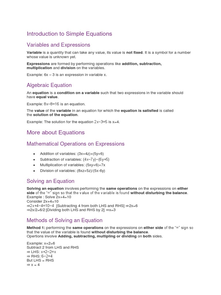 Introduction To Simple Equations: Variables and Expressions | PDF ...