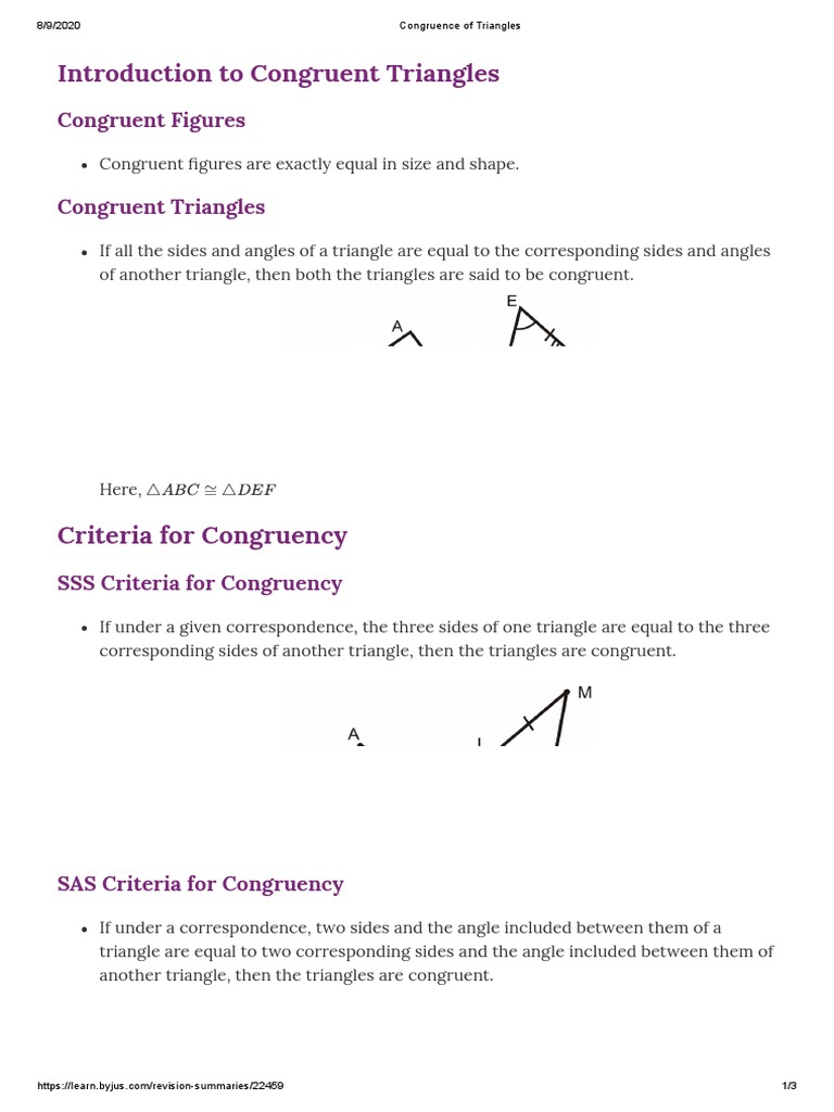 Congruence of Triangles Notes PDF Triangle Elementary Geometry