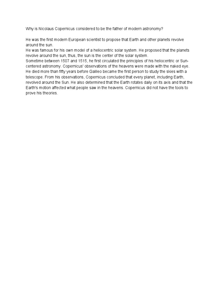 Why is copernicus considered as the father of modern astronomy pdf