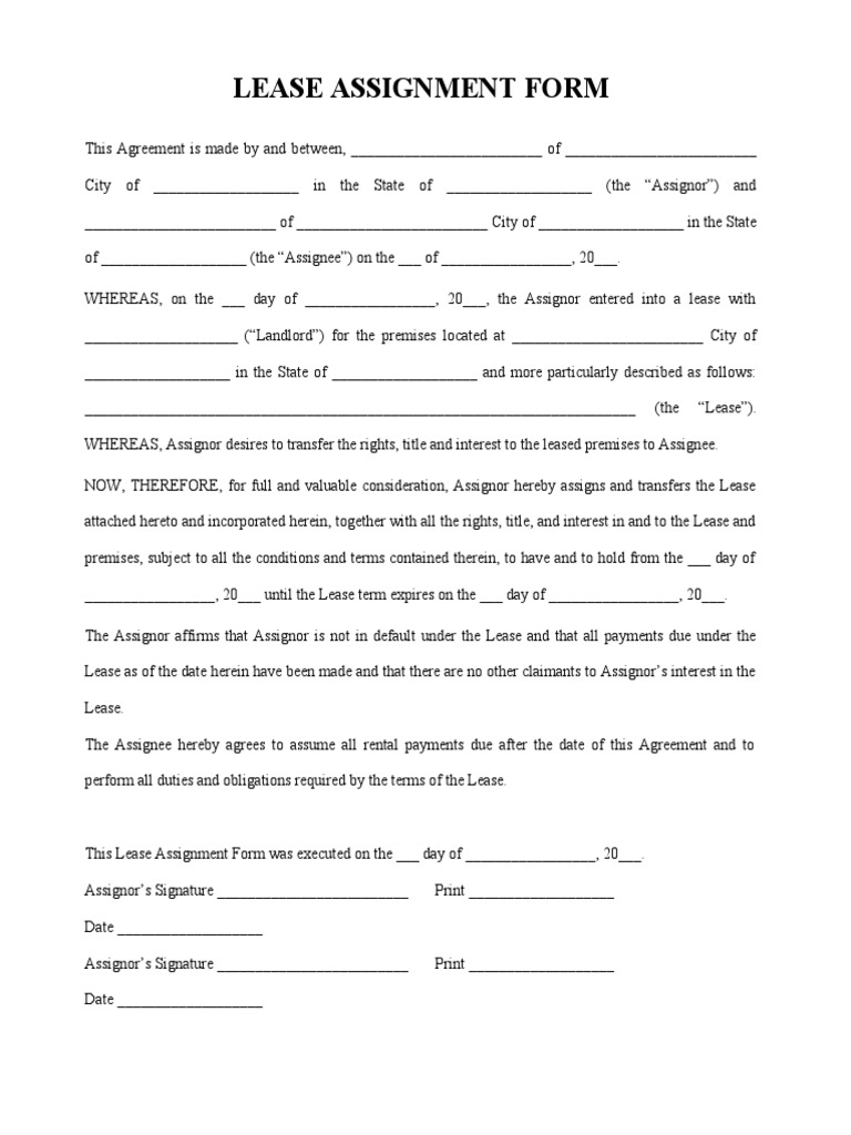Assignment Of Lease Form Download Free Pdf Assignment Law Lease