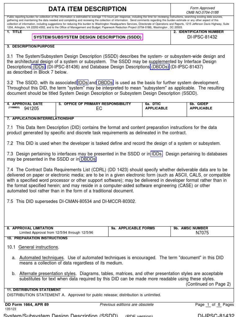 Data Item Description: System/Subsystem Design Description (SSDD) | PDF ...