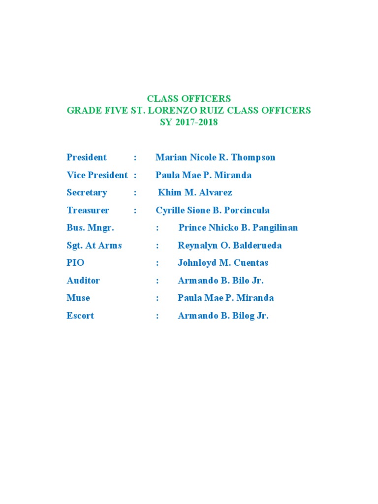 Class Officers SLR 2017-2018 | PDF