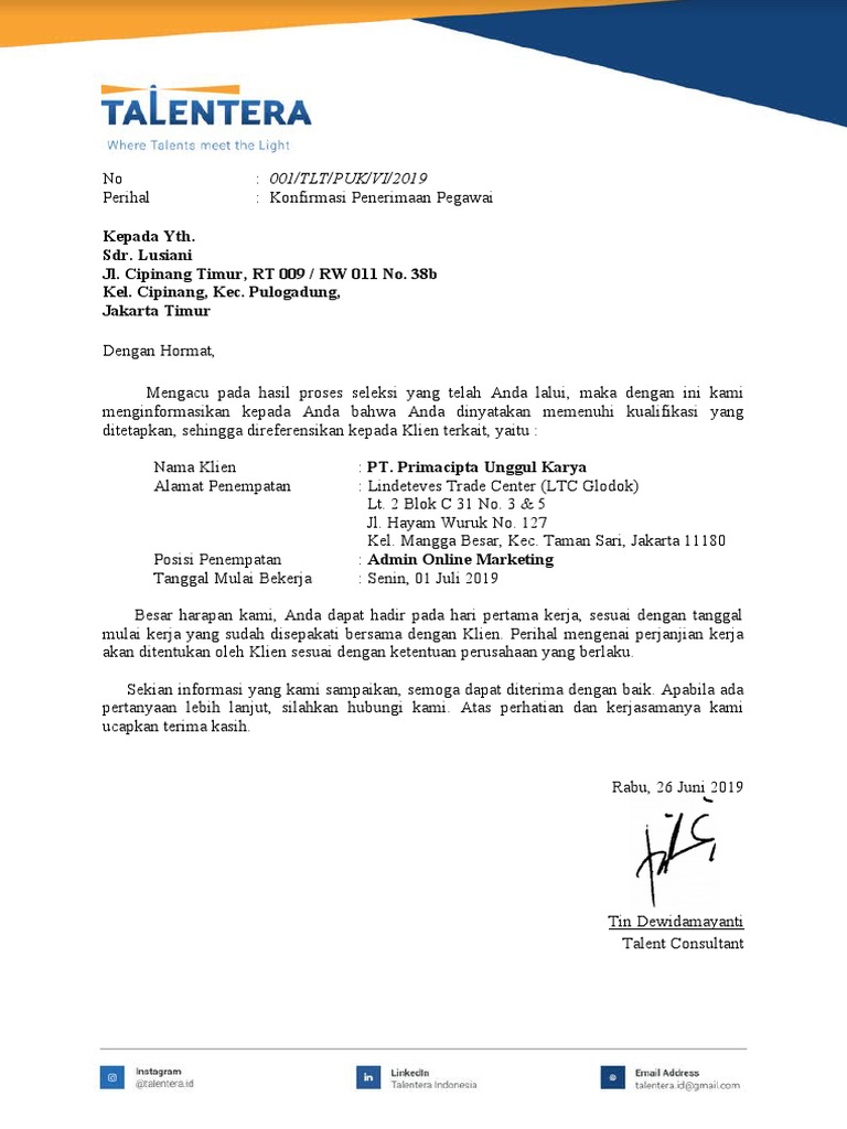 Konfirmasi Penerimaan Pegawai Baru | PDF
