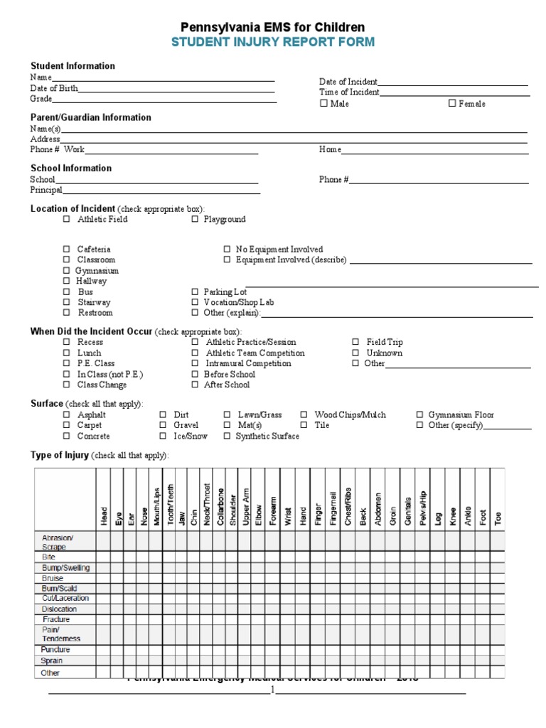 Student Injury Report Form: Pennsylvania EMS For Children | Download ...