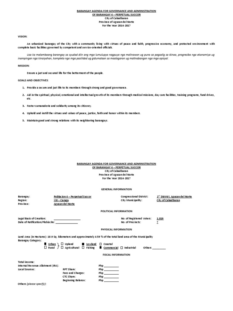 Barangay Agenda For Governance and Administration PDF Economies