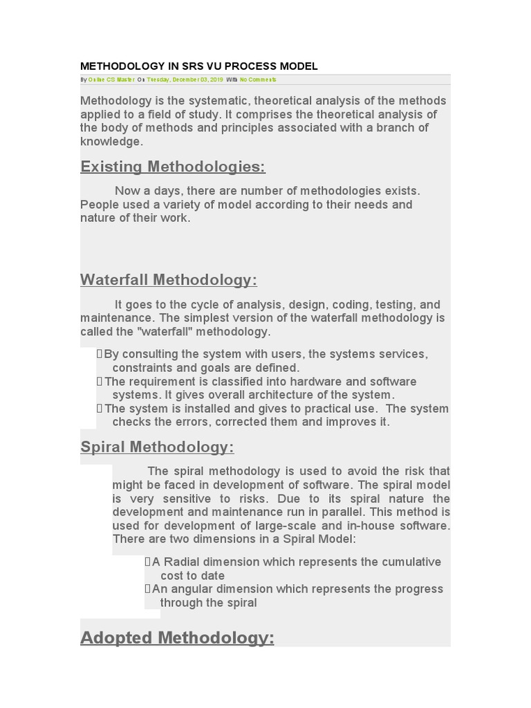 Choosing the VU Process Model Methodology for an SRS Project PDF
