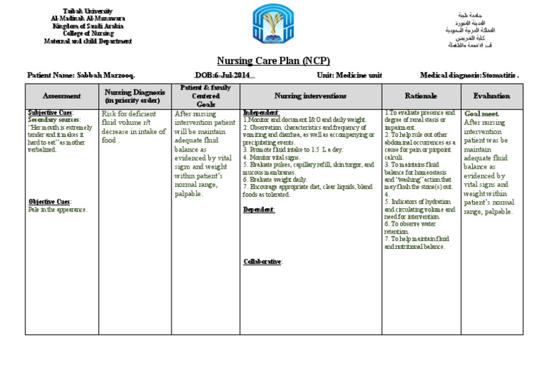 Nursing Care Plan for Stomatitis Patient | PDF | Dehydration | Medical ...