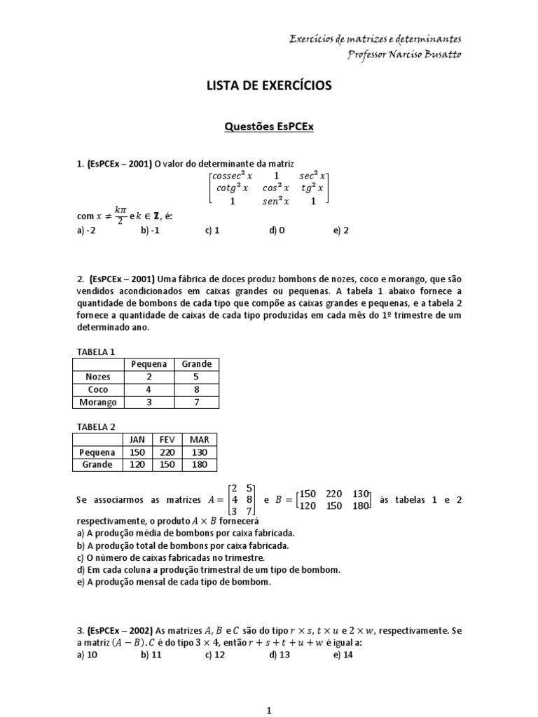 Lista De Exercícios Sobre Matrizes E Determinantes
