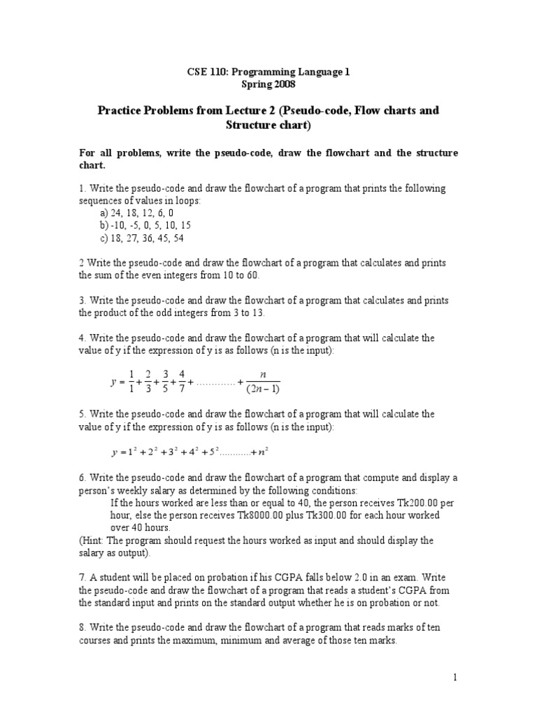 Practice Problems 01 Pseudocodes and Flowcharts | PDF | Theoretical  Computer Science | Applied Mathematics